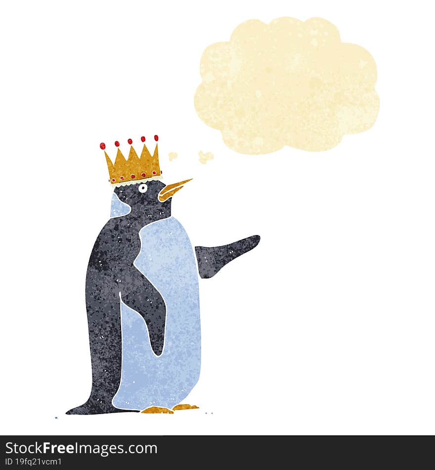 cartoon penguin wearing crown with thought bubble