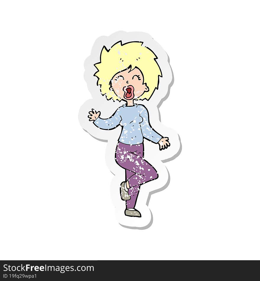 Retro Distressed Sticker Of A Cartoon Woman Dancing