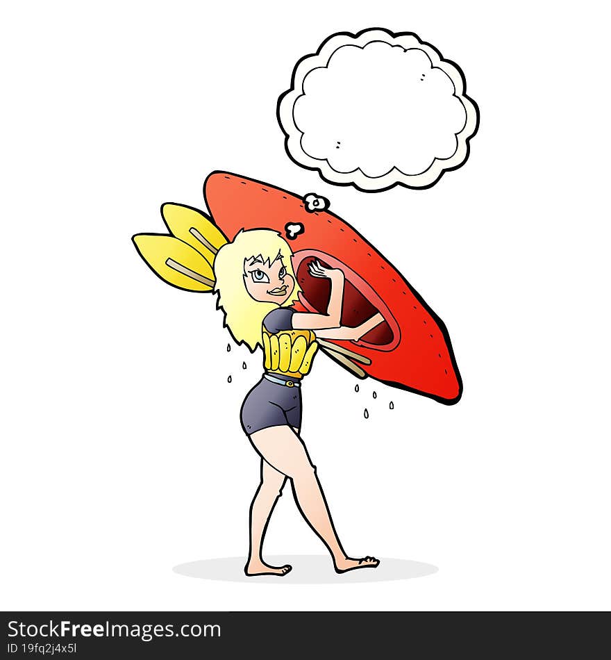 cartoon woman carrying canoe with thought bubble