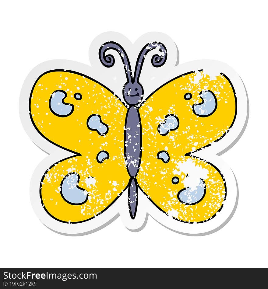 distressed sticker of a quirky hand drawn cartoon butterfly