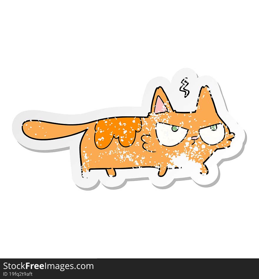 distressed sticker of a cartoon angry cat