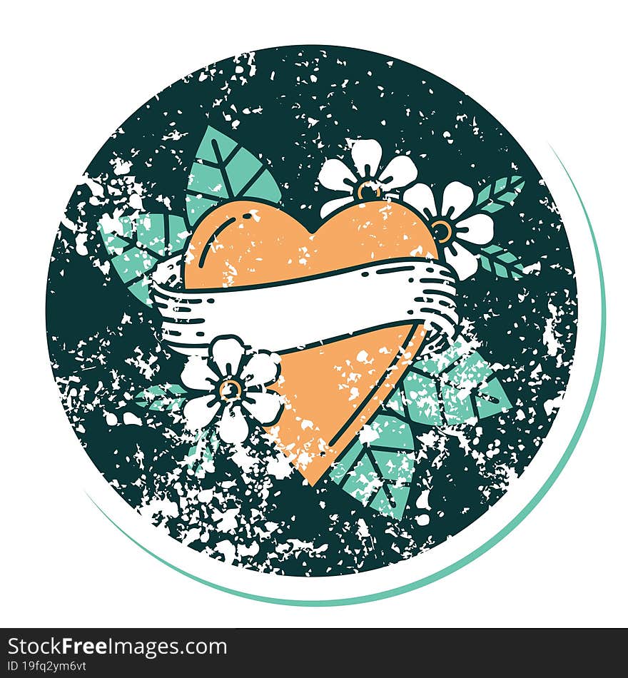 distressed sticker tattoo style icon of a heart and banner