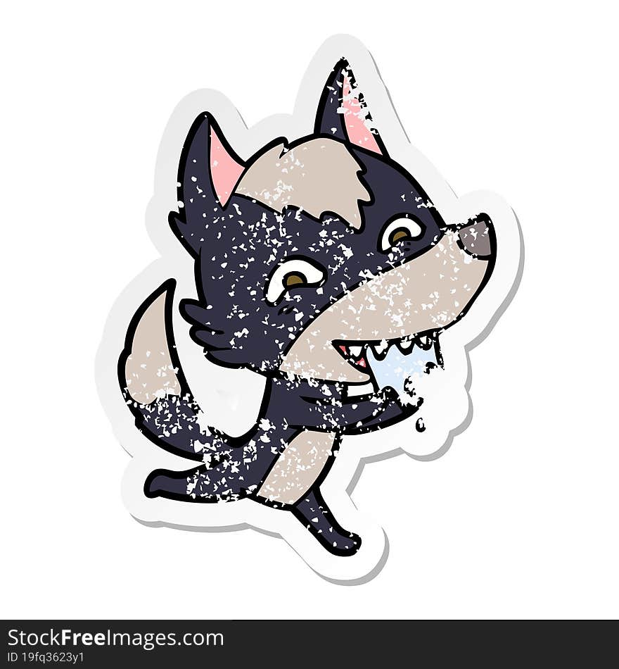 distressed sticker of a cartoon hungry wolf