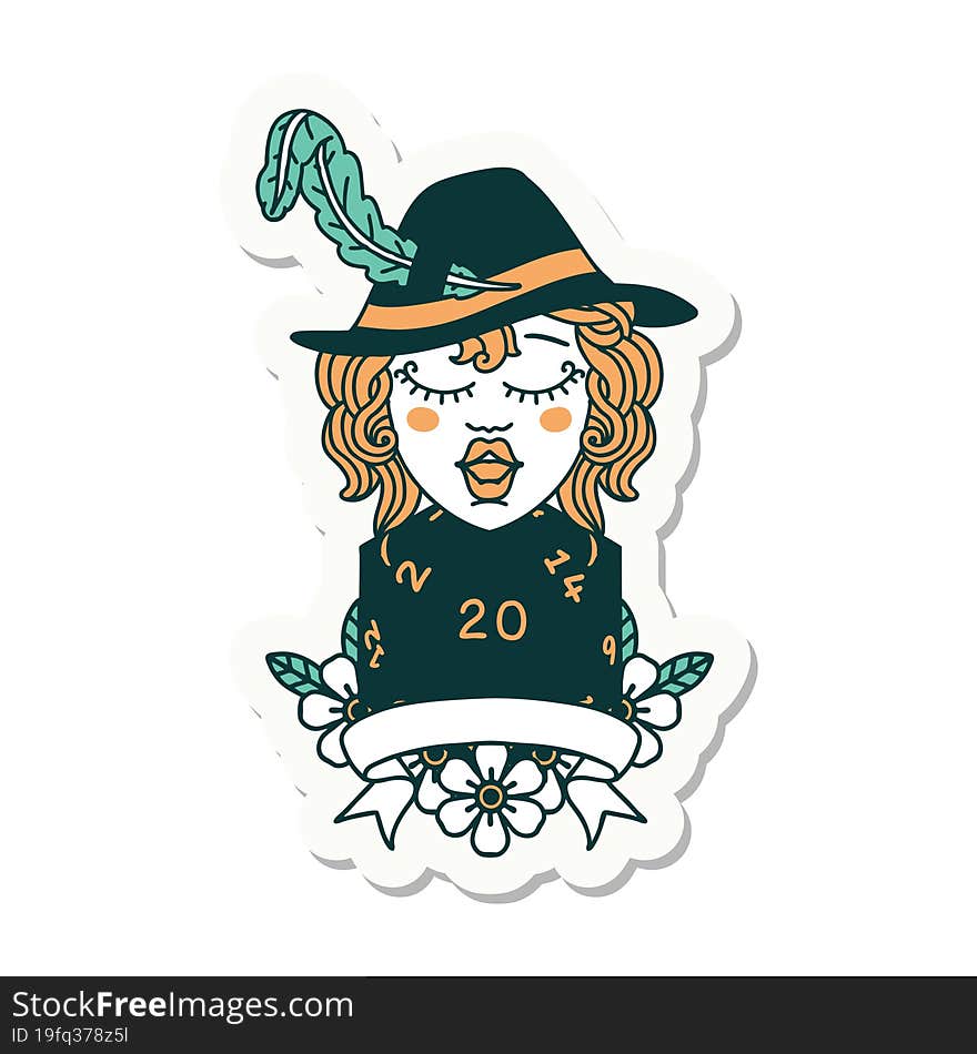 sticker of a human bard character with natural 20 dice roll. sticker of a human bard character with natural 20 dice roll