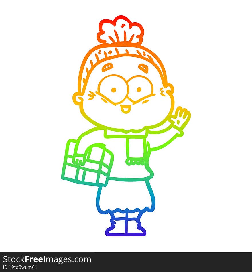 rainbow gradient line drawing of a cartoon happy old woman