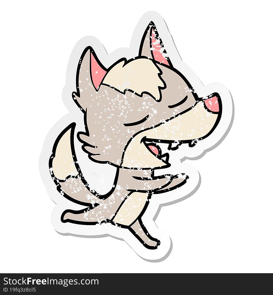 distressed sticker of a cartoon wolf laughing