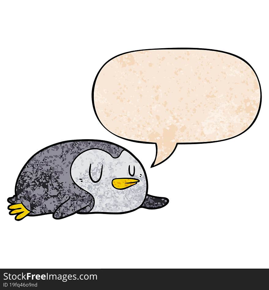 cartoon penguin and speech bubble in retro texture style