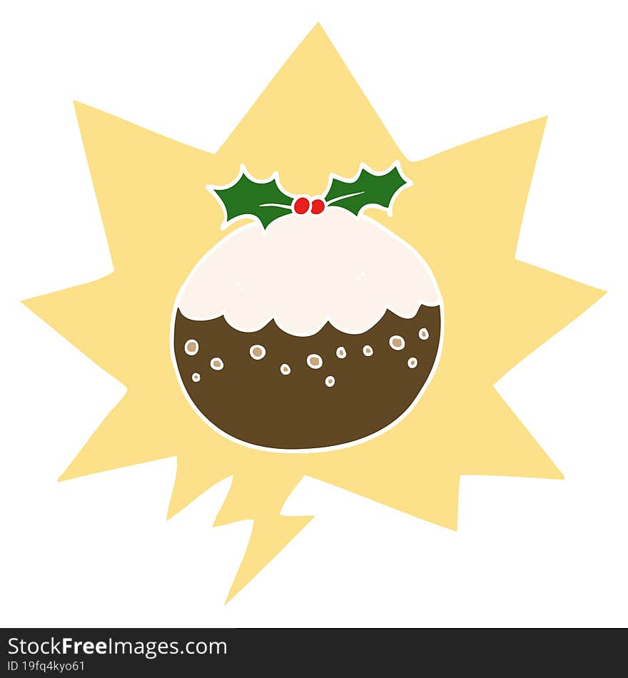 cartoon christmas pudding and speech bubble in retro style