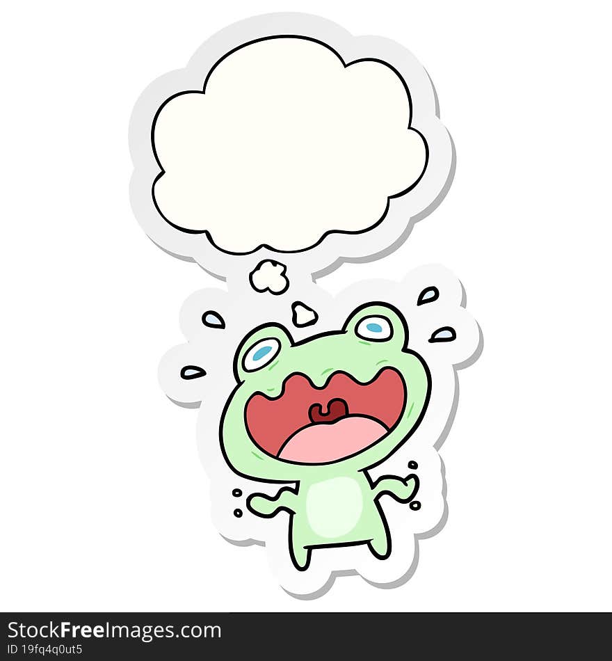 cartoon frog frightened and thought bubble as a printed sticker