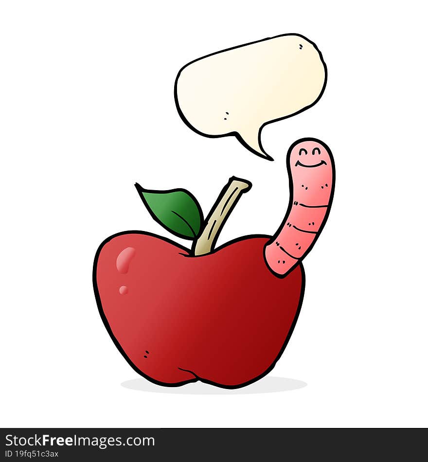 cartoon apple with worm with speech bubble