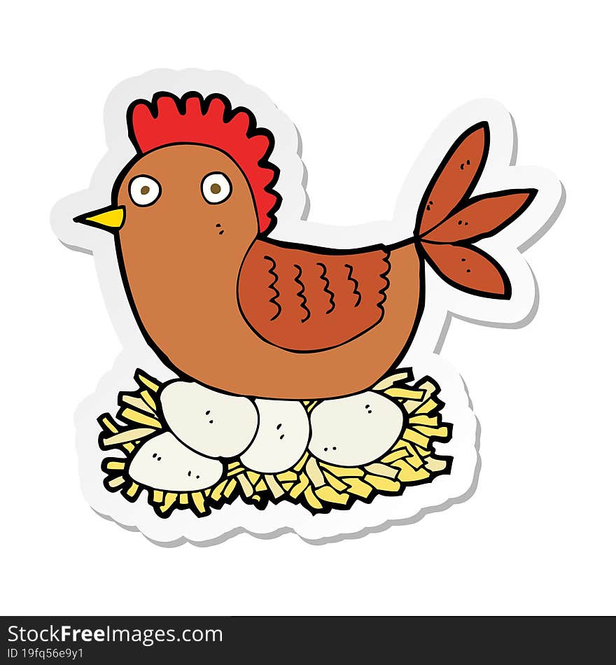 Sticker Of A Cartoon Hen On Eggs