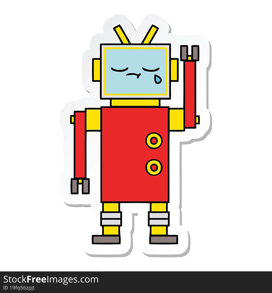 sticker of a cute cartoon crying robot