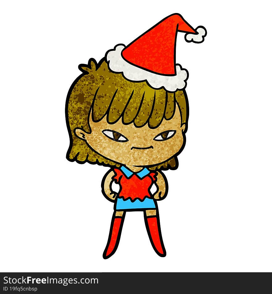 hand drawn textured cartoon of a woman wearing santa hat