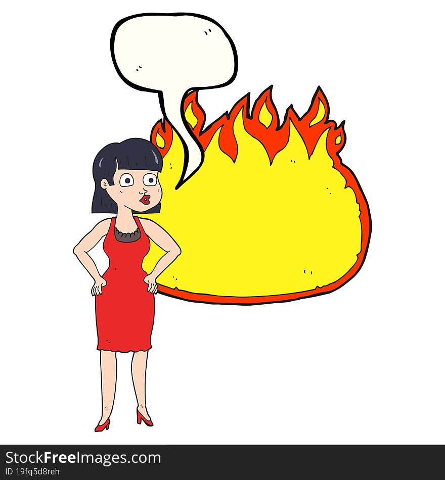 speech bubble cartoon woman in dress with hands on hips and flame banner