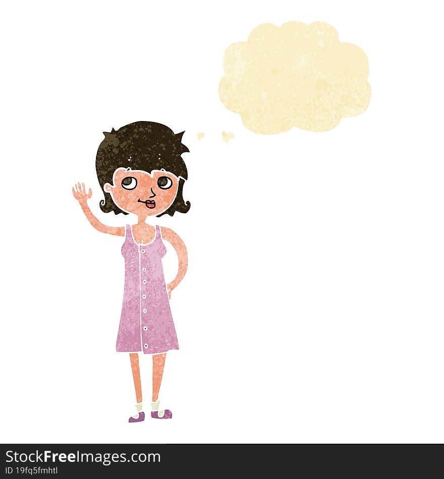 cartoon pretty woman waving with thought bubble