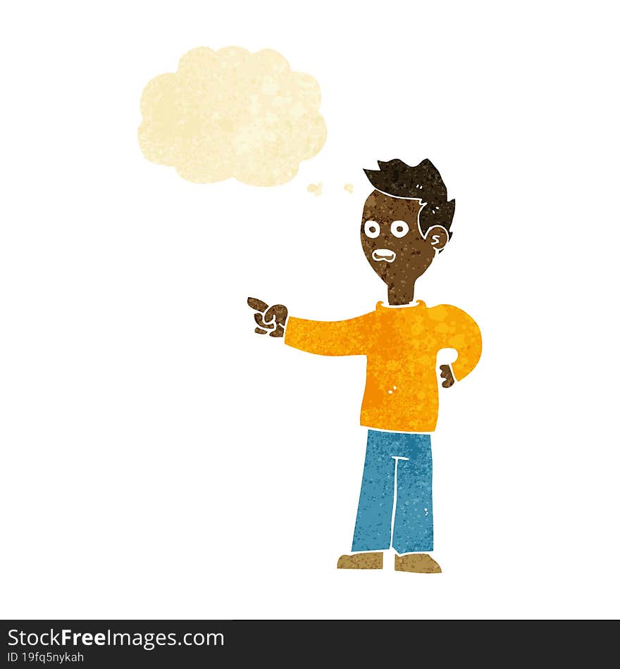 cartoon shocked boy pointing with thought bubble