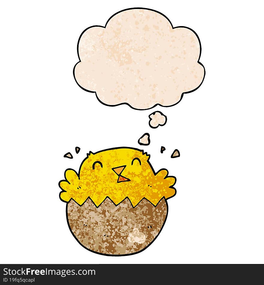 cartoon hatching chick and thought bubble in grunge texture pattern style