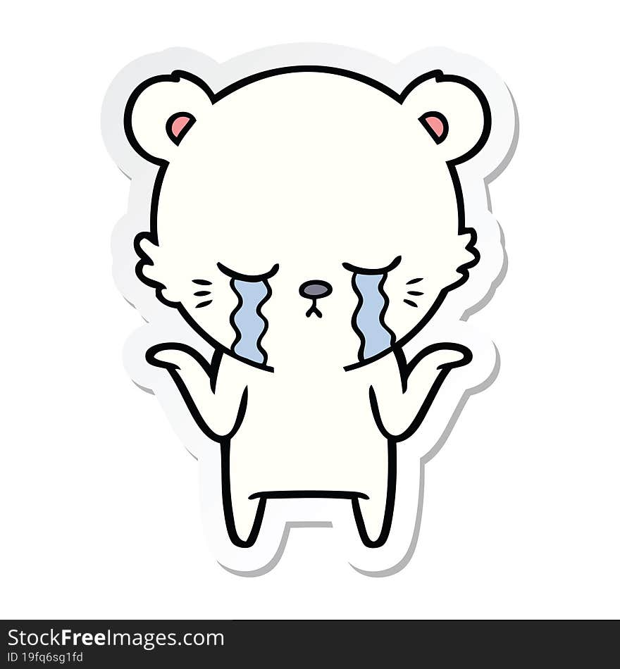 sticker of a crying cartoon polar bear shrugging shoulders