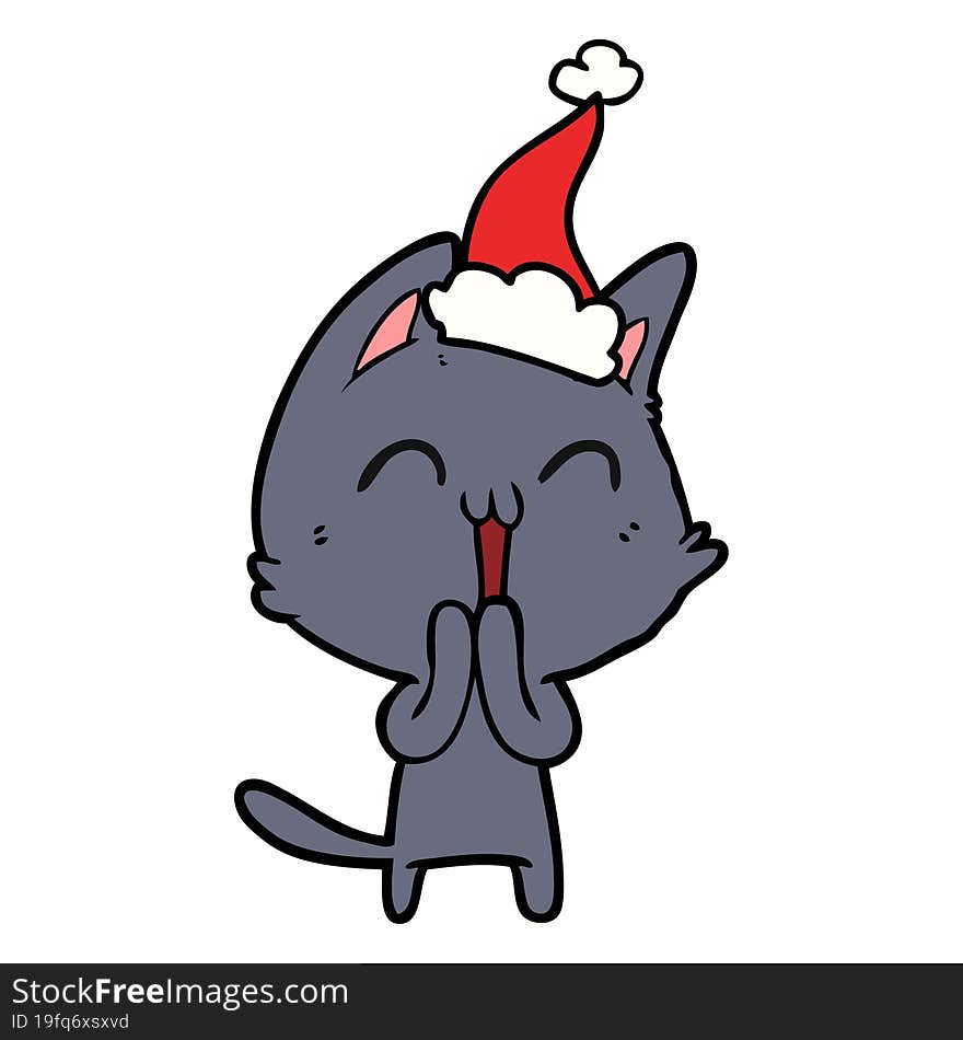 happy line drawing of a cat wearing santa hat