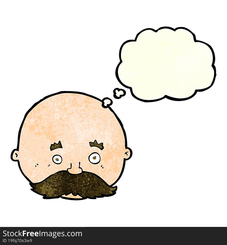 cartoon bald man with mustache with thought bubble