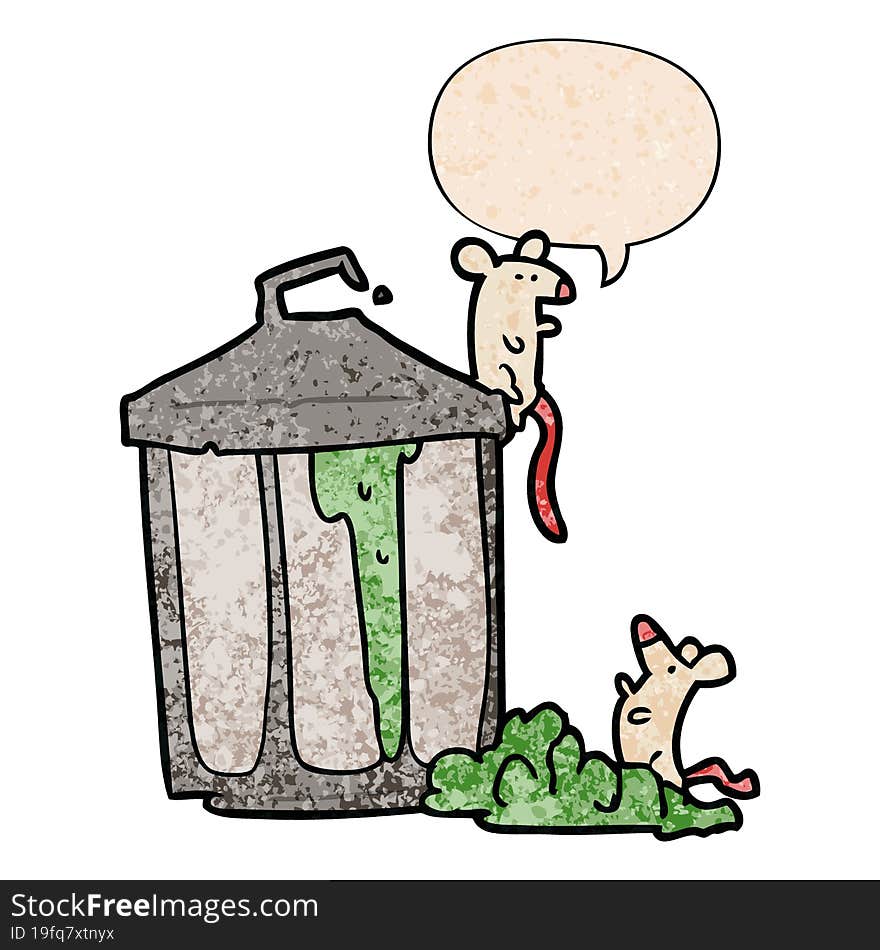 cartoon old metal garbage can with mice with speech bubble in retro texture style. cartoon old metal garbage can with mice with speech bubble in retro texture style