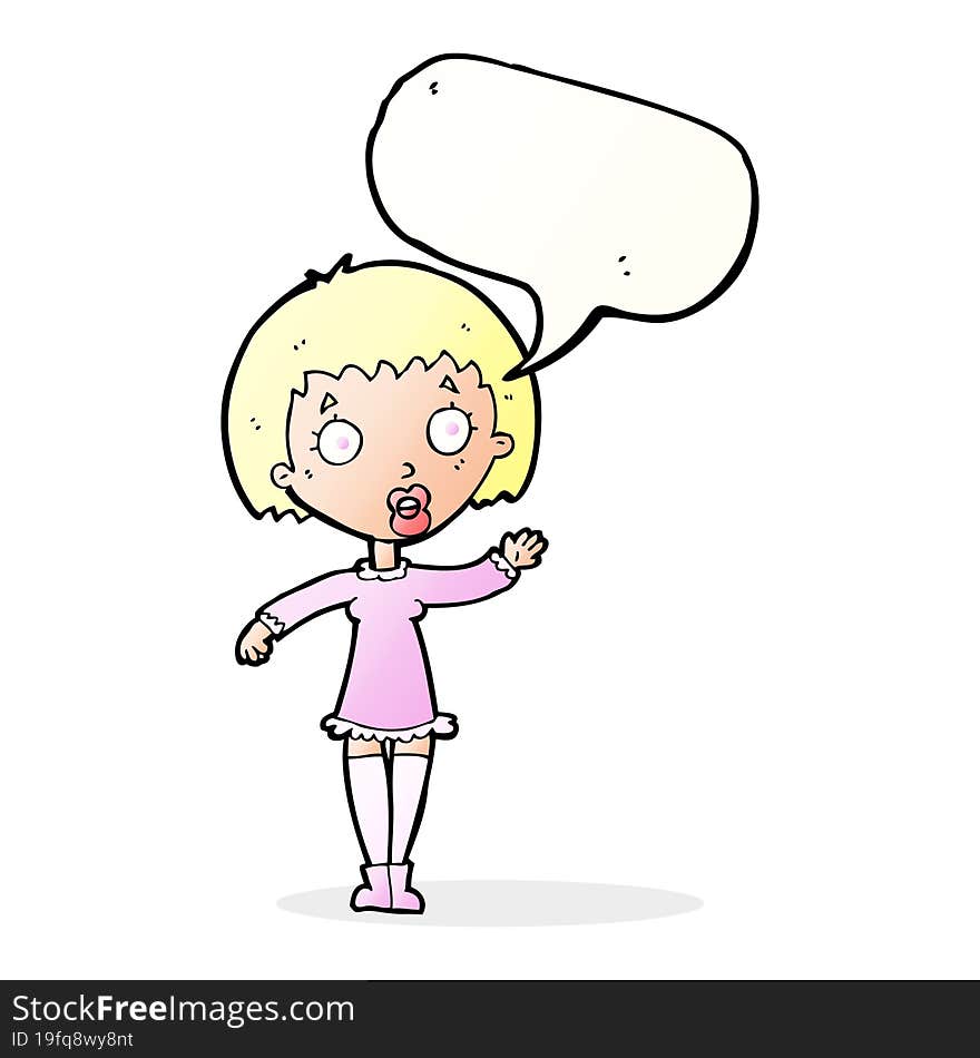 cartoon waving woman with speech bubble