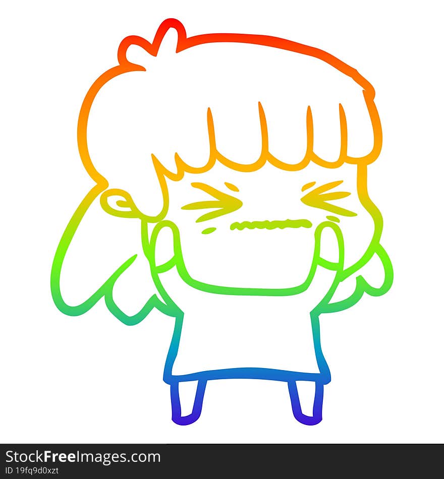 rainbow gradient line drawing of a cartoon angry girl