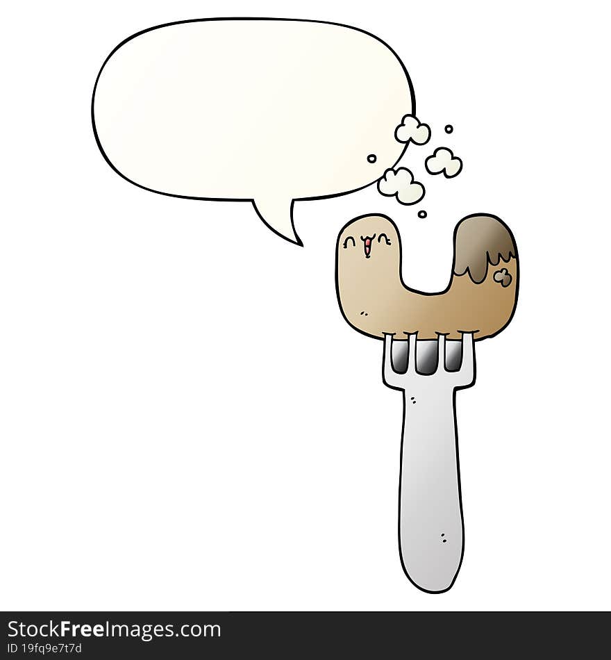 cartoon sausage on fork and speech bubble in smooth gradient style