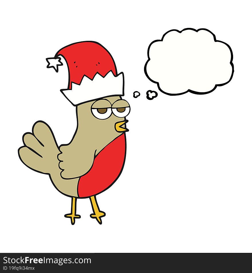 freehand drawn thought bubble cartoon robin in christmas hat