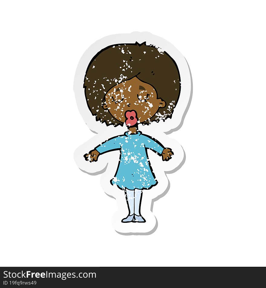 Retro Distressed Sticker Of A Cartoon Woman In Dress