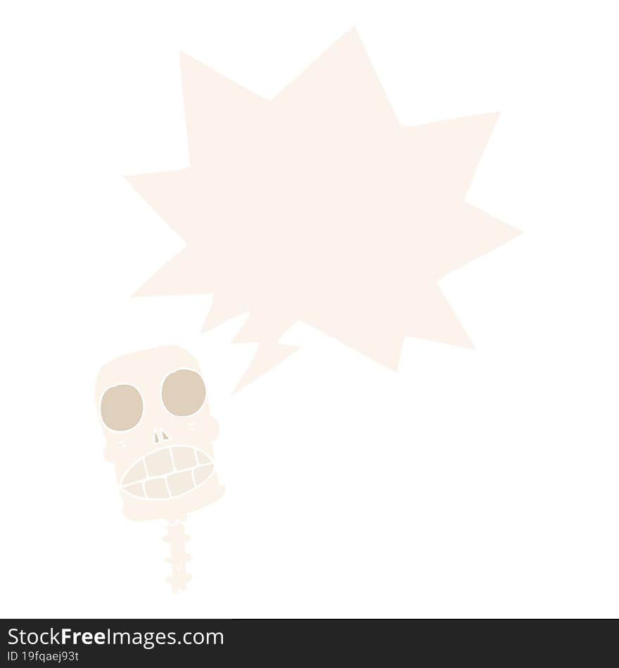 cartoon spooky skull and speech bubble in retro style