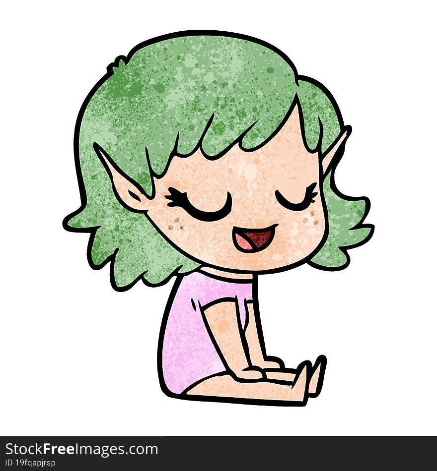 happy cartoon elf girl sitting on floor. happy cartoon elf girl sitting on floor