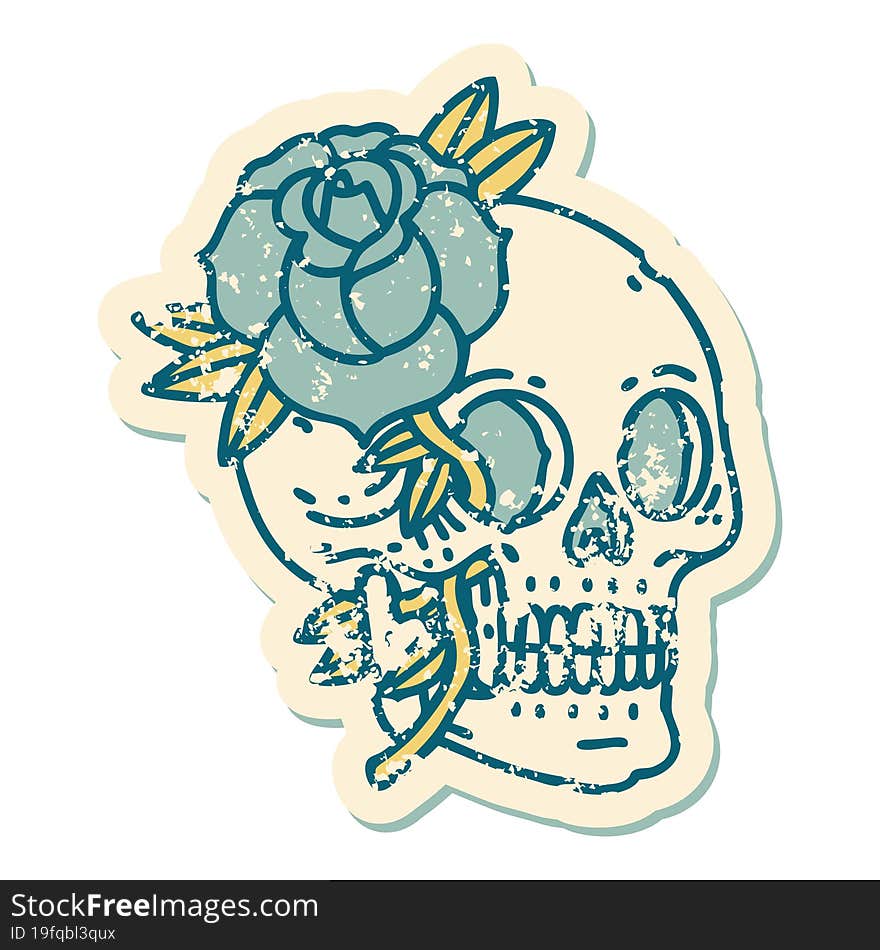 distressed sticker tattoo style icon of a skull and rose