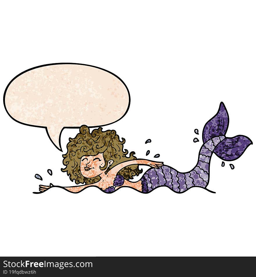 Cartoon Mermaid And Speech Bubble In Retro Texture Style