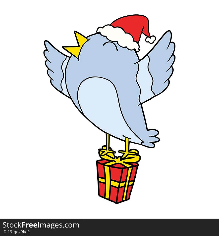 Line Drawing Of A Bird Wearing Santa Hat