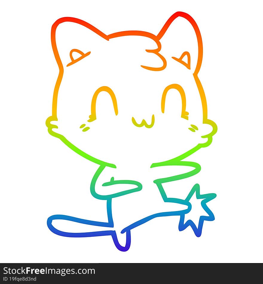 Rainbow Gradient Line Drawing Cartoon Happy Cat Karate Kicking