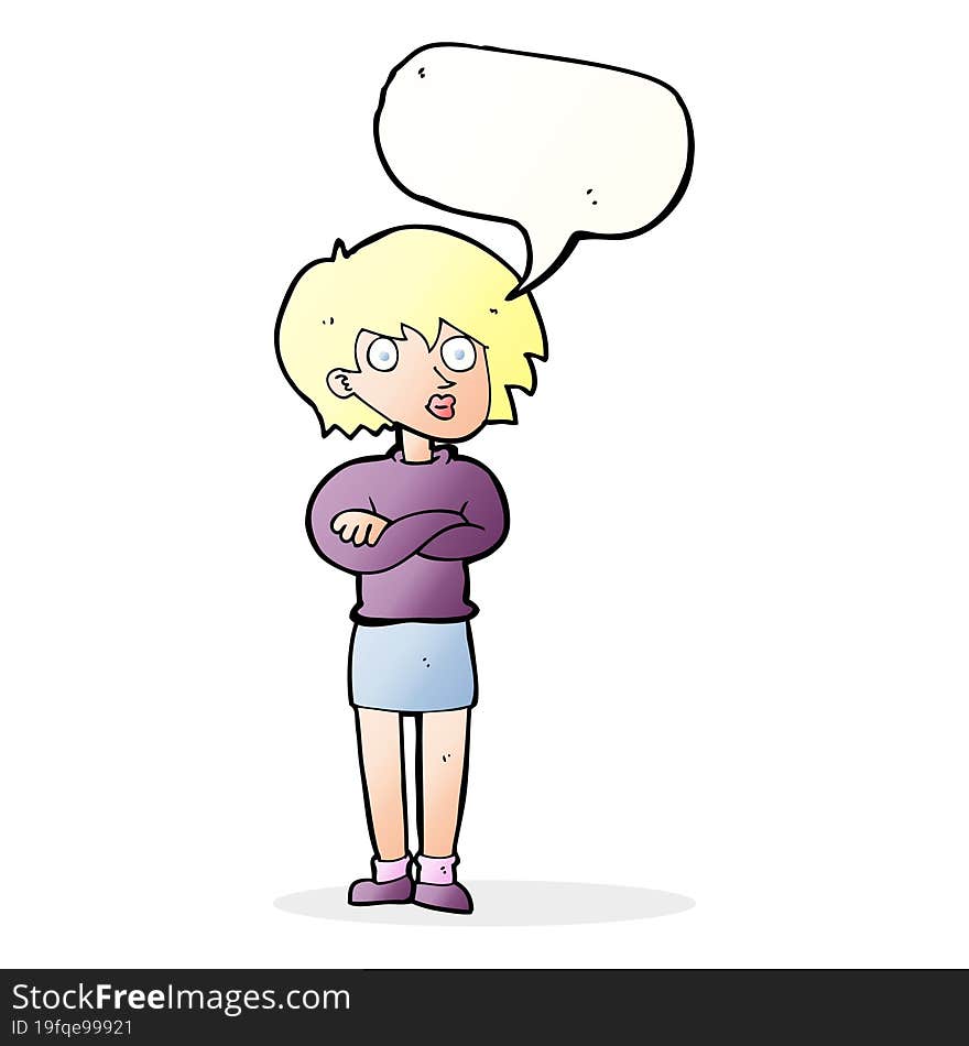 cartoon woman wit crossed arms with speech bubble