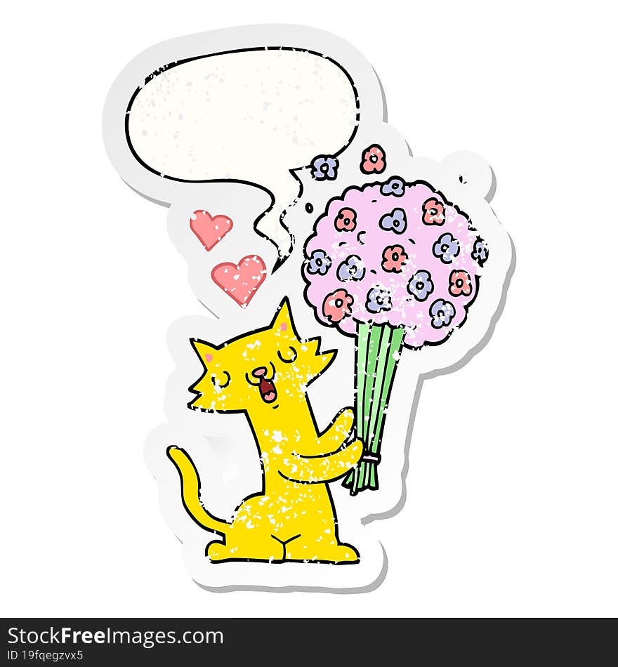 cartoon cat in love and flowers and speech bubble distressed sticker