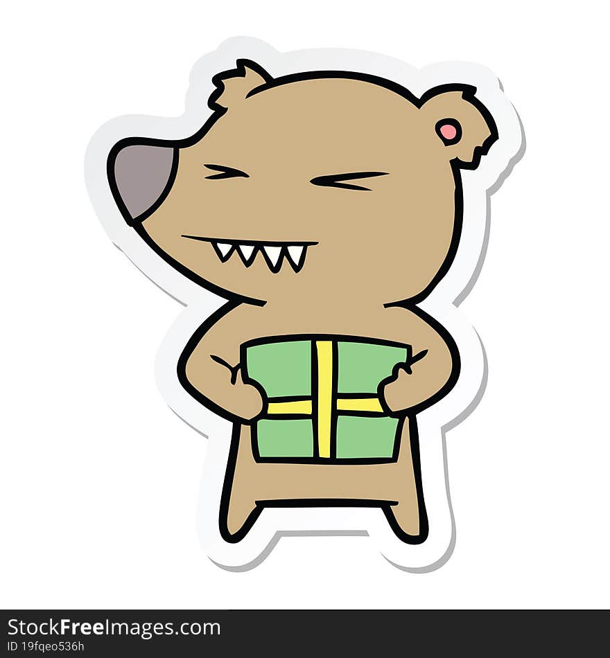 sticker of a angry bear cartoon with gift