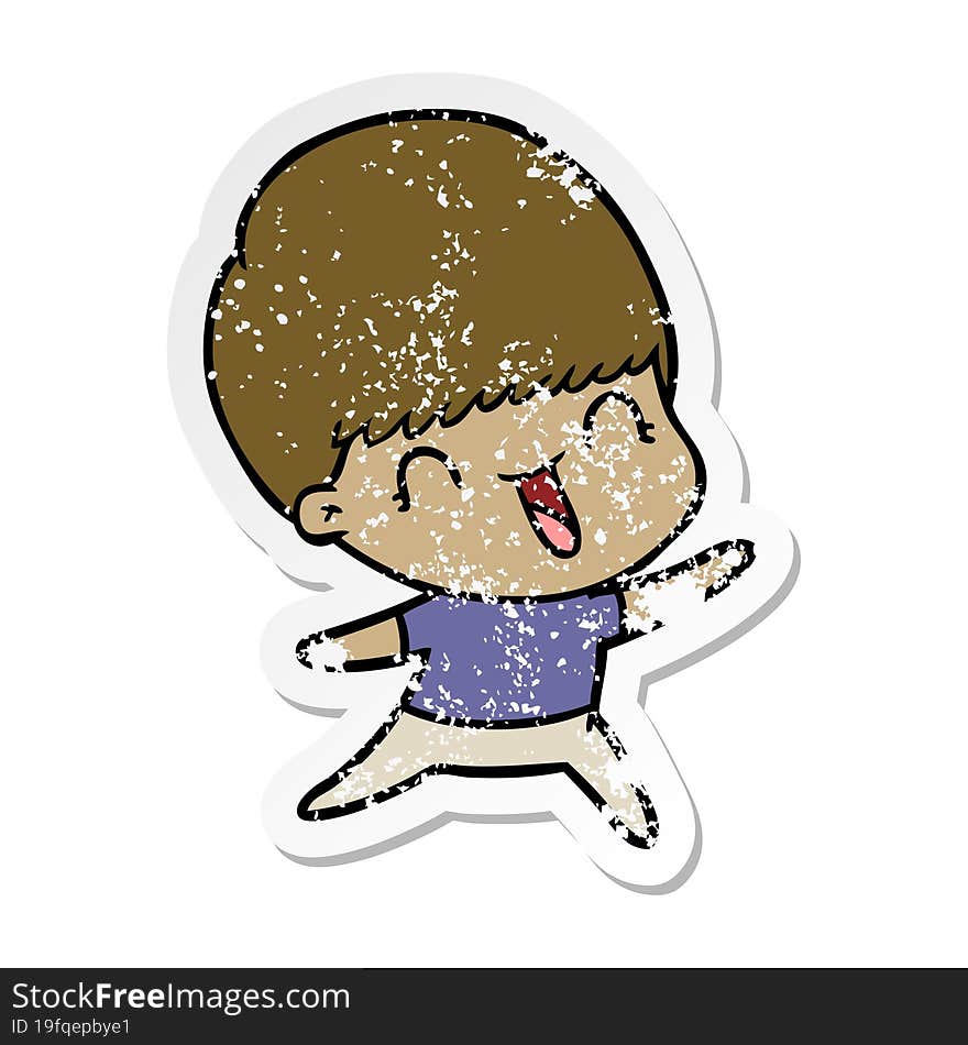 distressed sticker of a happy cartoon boy