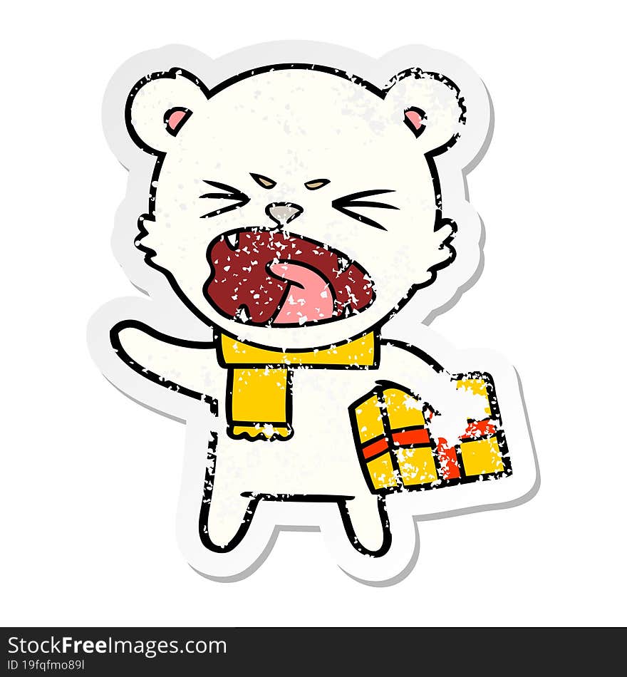 distressed sticker of a angry cartoon polar bear with christmas present