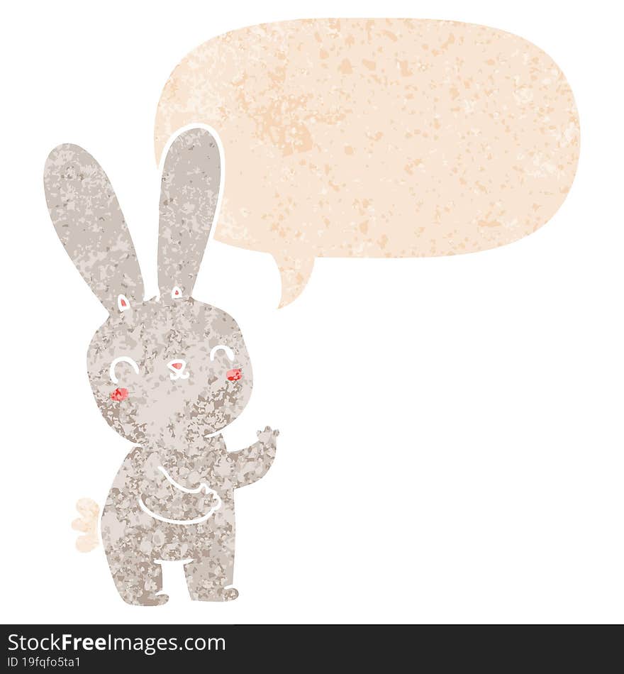 cute cartoon rabbit with speech bubble in grunge distressed retro textured style. cute cartoon rabbit with speech bubble in grunge distressed retro textured style