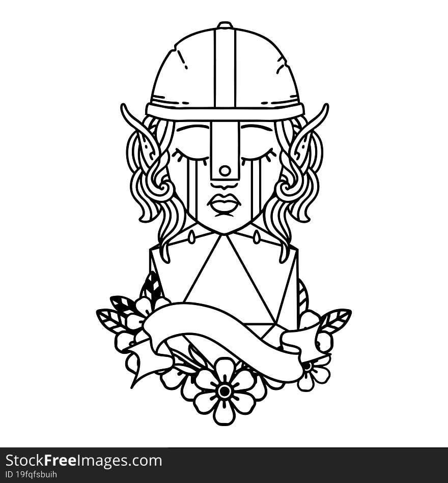 Black and White Tattoo linework Style crying elf fighter character face with natural one D20 roll. Black and White Tattoo linework Style crying elf fighter character face with natural one D20 roll