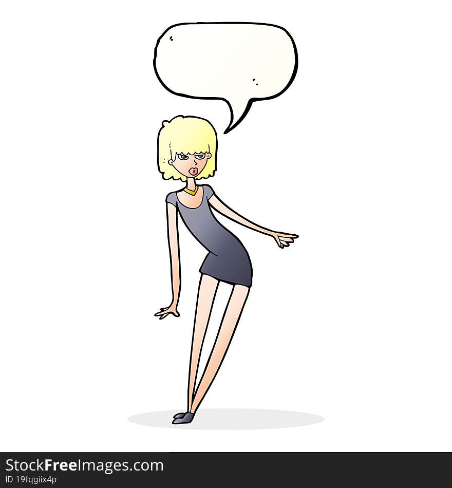 cartoon woman in dress leaning with speech bubble