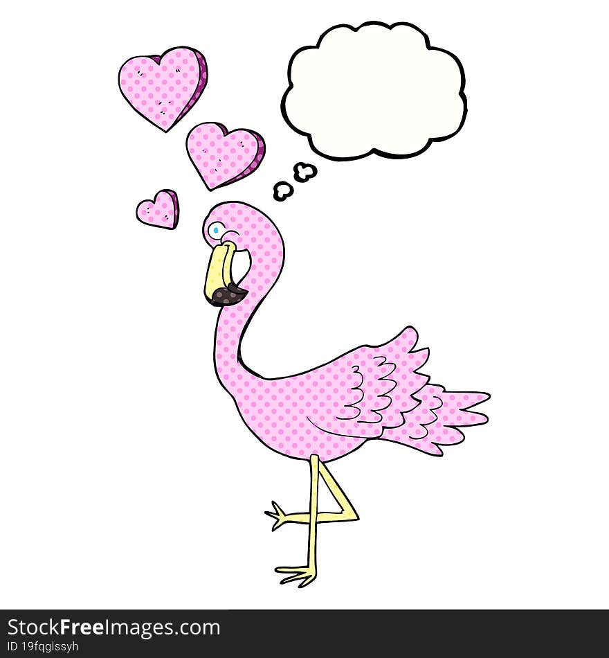 freehand drawn thought bubble cartoon flamingo in love