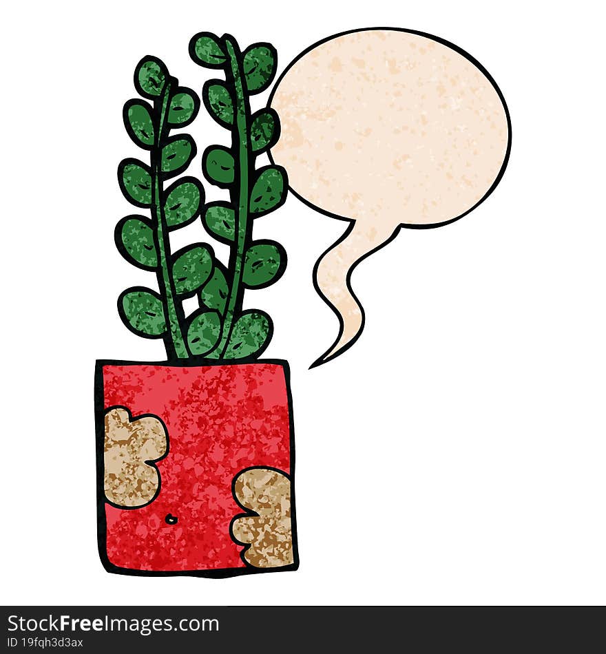 cartoon plant and speech bubble in retro texture style