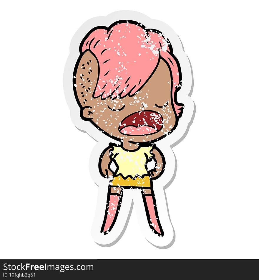 distressed sticker of a cartoon cool hipster girl talking