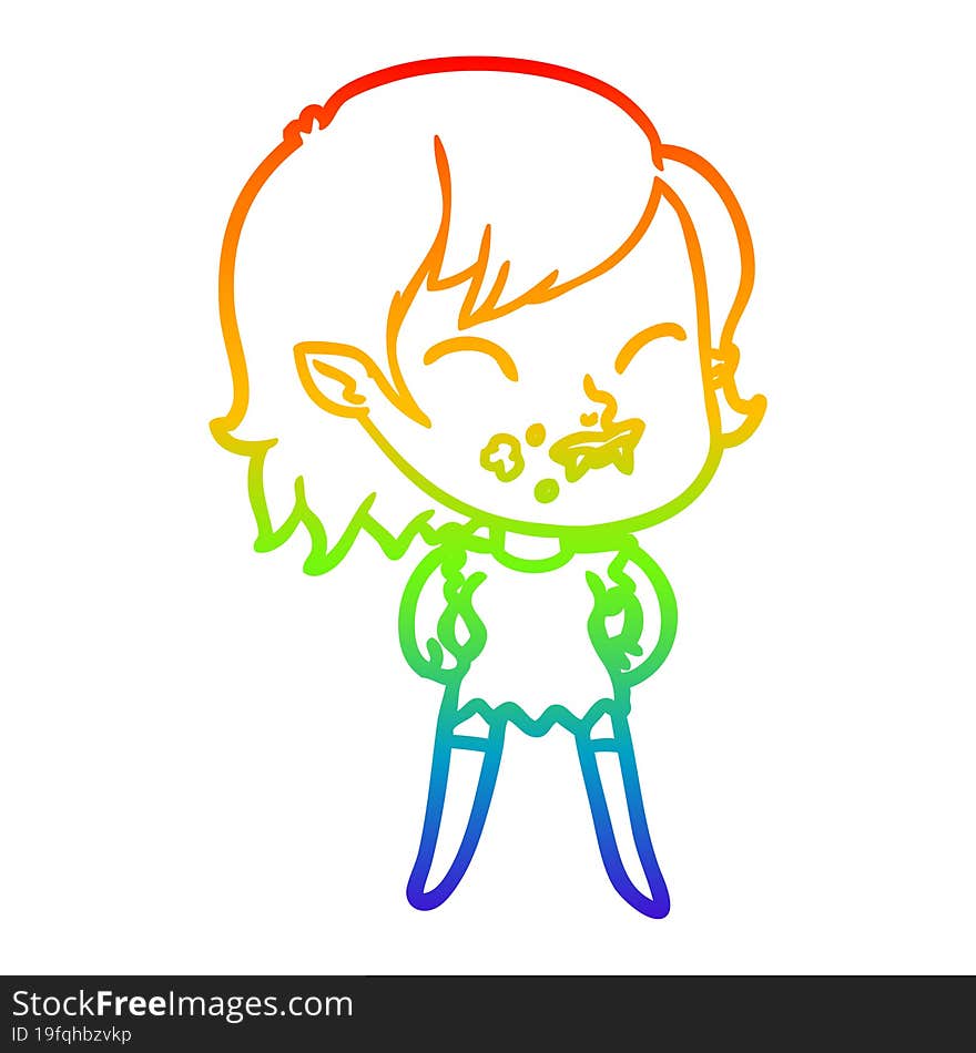 rainbow gradient line drawing cartoon vampire girl with blood on cheek