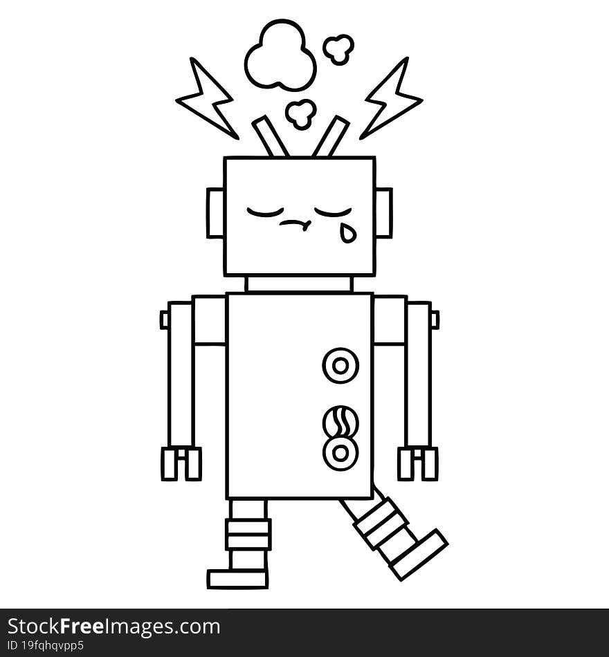 line drawing cartoon of a crying robot