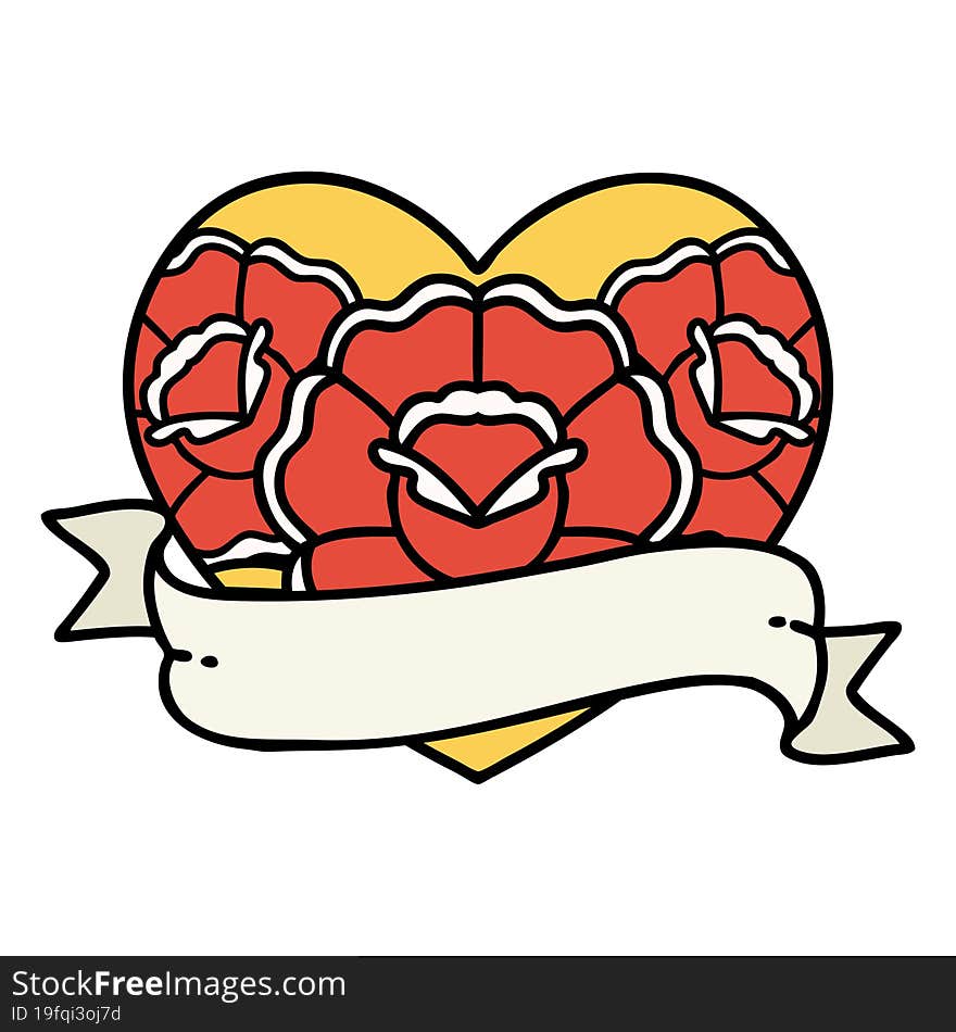 tattoo in traditional style of a heart and banner with flowers. tattoo in traditional style of a heart and banner with flowers